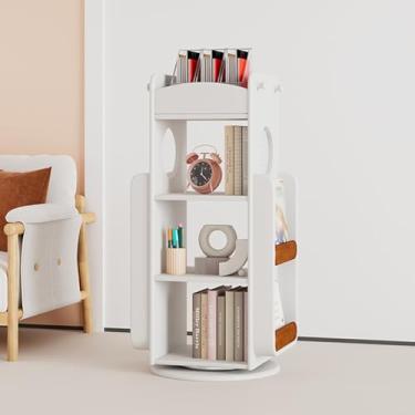 Imagem de Torre de estante giratória de 360°, suporte de armazenamento para exibição de madeira, organizador de prateleira de livros de canto infantil aberto para espaços pequenos, sala de estar de quarto