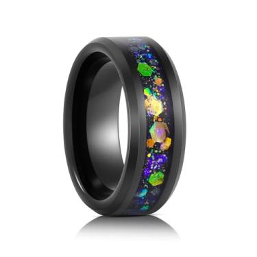 Imagem de SATAER Aliança de casamento masculina e feminina de 4 mm, 8 mm, com lantejoulas hexagonais de areia roxa e azul, borda chanfrada preta, carboneto de tungstênio, pedra brilhante, ajuste confortável