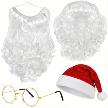Imagem de BigOtters Acessório de fantasia de Papai Noel, conjunto de 4 peças de Natal com óculos, chapéu de Natal, barba e peruca de luxo branca de Papai Noel para homens e mulheres, adereços de fantasia de cosplay