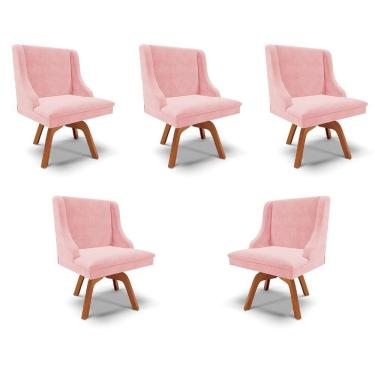 Imagem de Kit 5 Cadeiras Decorativas Sala De Jantar Base Giratória De Madeira Firenze Suede Rosa Bebê/natural