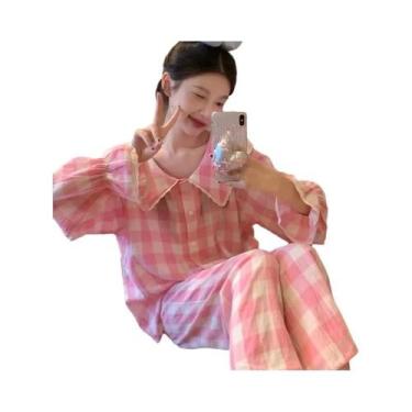 Imagem de Conjunto De Pijama Feminino Estilo Cardigã Com Estampa Xadrez, Roupa D