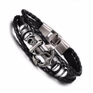Imagem de Pulseira Masculina Feminina Couro Âncora Navy Moda Bracelete-Unissex
