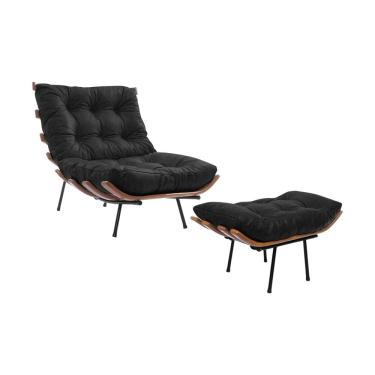 Imagem de Poltrona Costela em Couro Natural com Puff - Preto