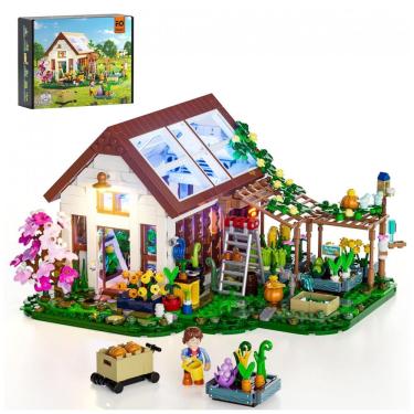 Imagem de Conjunto de Blocos de Montar FUNWHOLE Estufa Jardim Botânico LED, 1428 Peças, Estrutura A-Frame Transparente, Verde