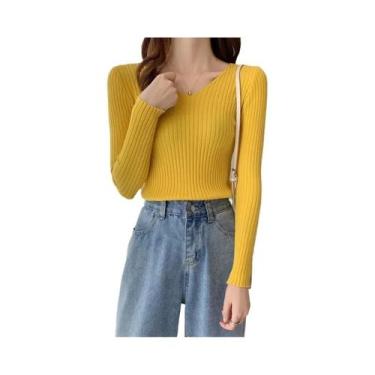 Imagem de Suéter Feminino Slim Fit Com Decote Em V, Tricô, Manga Longa, Cor Sóli
