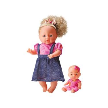 Imagem de Bonecas New Family Me Mamãe E Bebê Loira Com Vestido Jeans Azul E Roup