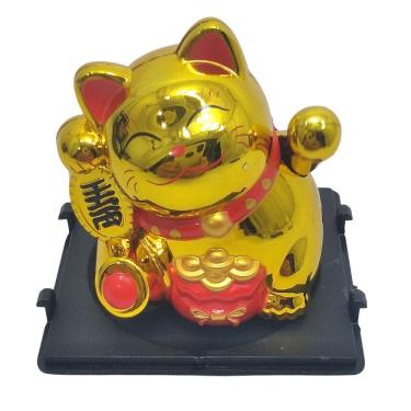 Imagem de Maneki Neko Gato da Sorte Decorativo Dourado com Luz Solar e Artificial Jiaxi