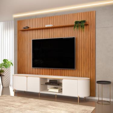 Imagem de Painel para TV com Bancada Trento Ripado Ariana 75" 275CM 100% MDF com Portas Giratórias e Pés Metal Pintado Off White