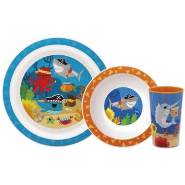 Imagem de Kit Refeição Infantil Buba Aventuras Pirata - 3 Peças Azul e Laranja, 