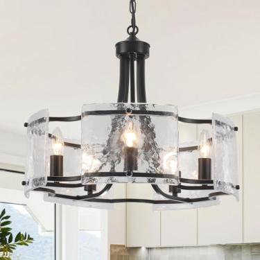 Imagem de TCWGAUI Lustre Moderno De Vidro Preto Para Sala De Jantar, Lustre De Cristal Texturizado Com 5 Luzes, Luminária Redonda Estilo Tambor, Lustre Rústico De Fazenda Para Cozinha, Ilha, Quarto, Sala De