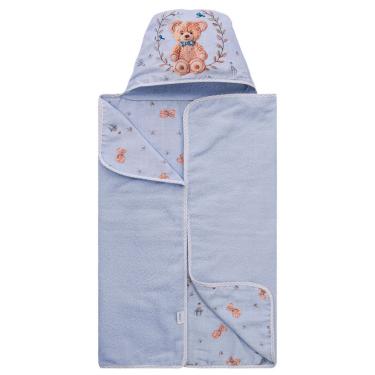 Imagem de Toalha de Banho com Capuz para Bebê Baby Joy Fábula Urso Azul Felpa Soft 100% Algodão Estampa Digital Luxo Azul