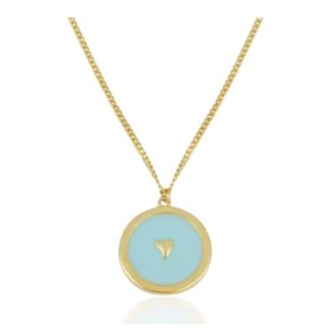 Imagem de COLAR PRATA 925 BANHO OURO MEDALHINHA ESMALTADA AZUL COM CORAÇÃO