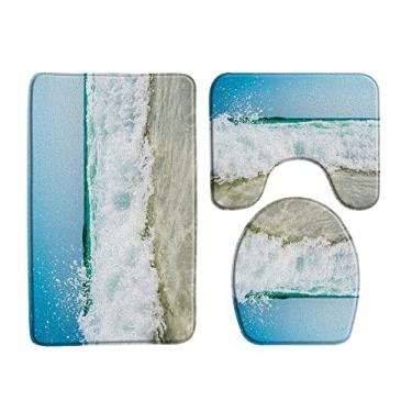 Imagem de Tapete de banho de água do mar oceano azul tapete de banheiro conjunto de 3 peças fundo do mar animal peixe flanela antiderrapante almofada em forma de u conjuntos de decoração de banho de banheiro, 33657J,450MMx750MM