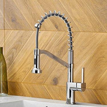 Imagem de Torneiras de cozinha escova torneiras de latão para pia de cozinha de alavanca única pull out primavera bico misturadores torneira de água quente e fria guindaste, 9013, cromo, china
