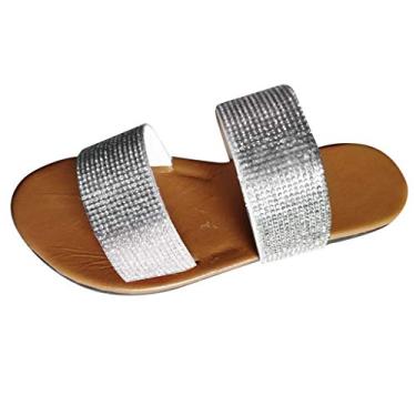 Imagem de Sandálias sem cadarço para mulheres chinelos romanos sandálias rasteiras sapatos de verão chinelos de praia casual cristal feminino, Prata, 6.5