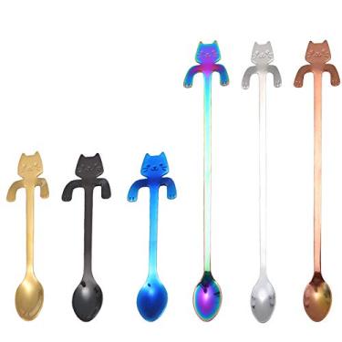 Imagem de Conjunto de colheres de chá de café para gatos com 6 peças, colheres de chá de aço inoxidável ESRISE, colheres de chá para pendurar em aço inoxidável, mini colheres de chá Demitasse de gatinho para sobremesa, misturar Milkshake, Multicor