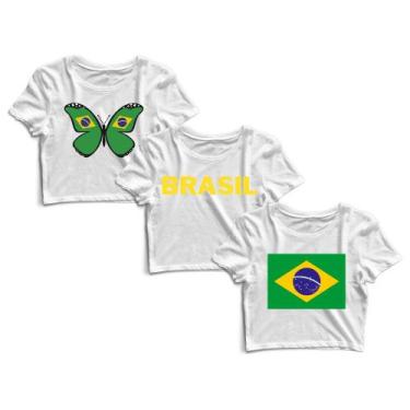 Imagem de Kit 3 Blusas Cropped Blusinha Camiseta Feminina Brasil Borboleta Bande