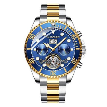 Imagem de Guanqin Relógio masculino calendário analógico automático com corda automática esqueleto relógio de pulso com pulseira de aço e ponteiro luminoso (Ouro Azul)