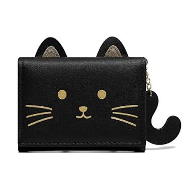 Imagem de Carteira pequena fofa de cupcake sorvete de três dobras fina porta-moedas bolso para dinheiro porta-cartões para mulheres meninas, Preto, Cauda de gato