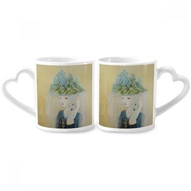 Imagem de Conjunto de canecas de porcelana para casal com ilustrador antigo chinês chapéus beleza coração alça