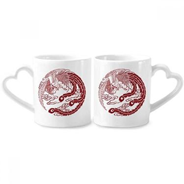 Imagem de Duas Phoenixes Fly Animal Portrait Conjunto de canecas de porcelana de casal, copo de cerâmica para amantes, alça de coração