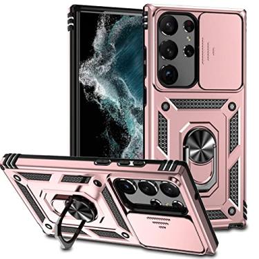 Imagem de WANRI Capa de telefone compatível com Samsung Galaxy S23 Ultra Case, capa protetora fina rígida de corpo inteiro, celular com suporte giratório magnético capa com proteção de lente (cor: ouro rosa)