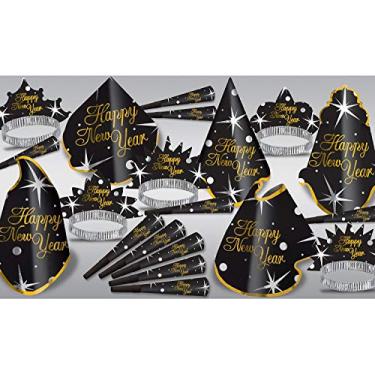 Imagem de Beistle Happy New Year Shimmer sortido para 10 pessoas chapéus, tiaras, chifres de barulho – brindes e suprimentos de festa, tamanho único, preto/ouro/prata