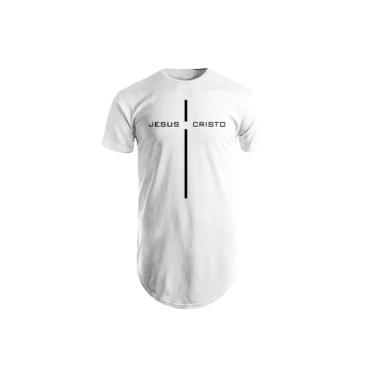 Imagem de Camisa Jesus Cristo Camiseta Longline Estampas Gospel Crista (G, Branco)