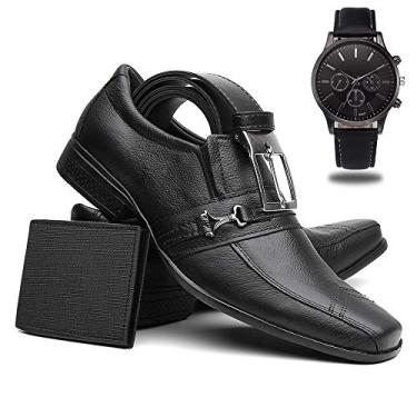 Imagem de Sapato Social Masculino Couro + Cinto + Carteira + Relógio - Preto-24005/39
