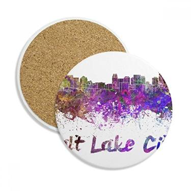 Imagem de Salt Lake City America Caneca porta-copos de aquarela com proteção de mesa Pedra absorvente