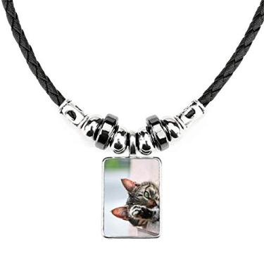 Imagem de DIYthinker Colar com foto de gato de atividade animal, joia com pingente de corda de couro
