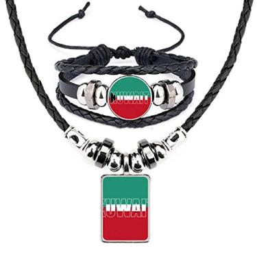Imagem de Colar de couro moderno com nome da bandeira do país do Kuwait Art Deco, presente