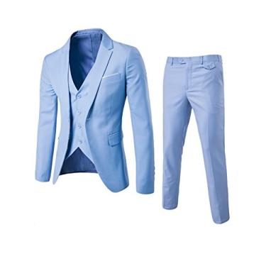 Imagem de Bestgift masculino blazer tux colete calça 3 peças terno M azul claro