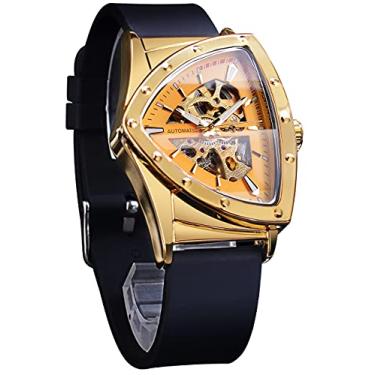 Imagem de Relógio Masculino FORSINING Skeleton, Mecânico, Automático, Mostrador Triangular, Luminoso, Pulseira de Aço Inoxidável ou Silicone Macio, Dourado, Mecânico