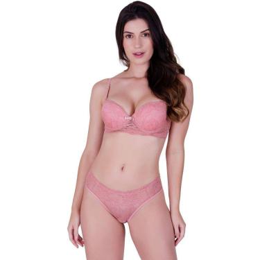 Imagem de Conjunto confortável sensual com bojo e arco em renda de poliamida rosa romance