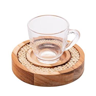 Imagem de Conjunto 6 Xícaras de Cristal de Café com Pires de Madeira e Sisal Teca 75ml - Wolff Craft