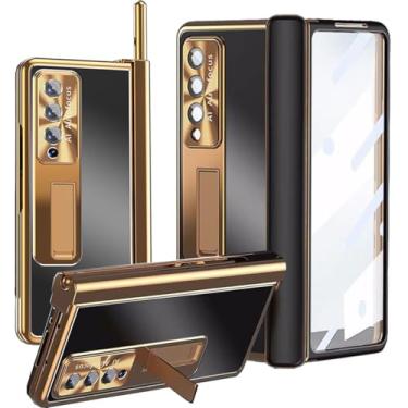 Imagem de Capa para Samsung Galaxy Z Fold 5 4 3 5G liga de alumínio metal, suporte com 2 dobradiças, com caneta, protetor de tela de vidro, proteção para câmera, capa resistente masculina e feminina (ouro com preto, dobra 4)
