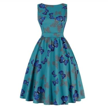 Imagem de MAIFURUN Vestido sem mangas de algodão rockabilly roupão feminino retrô casual comprimento do joelho escritório floral pássaro estampa animal Natal, 2, Large