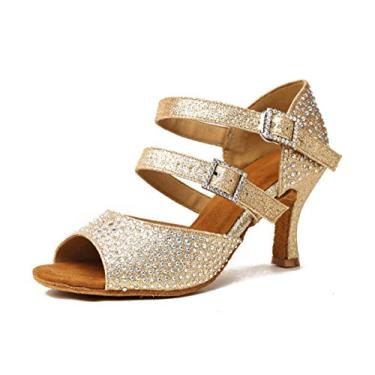 Imagem de Minishion GL253 Sandália feminina com fivela e salto flare, sapatos de dança de salão, cristal para casamento, Salto dourado de 7,5 cm, 6
