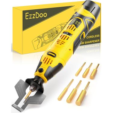 Imagem de Afiador de Motosserra Elétrico Sem Fio EzzDoo - Ferramenta Portátil com 6 Bits de Diamante Banhados a Titânio (Rodas) & Guia de Ângulo - Fácil para Todas as Correntes.