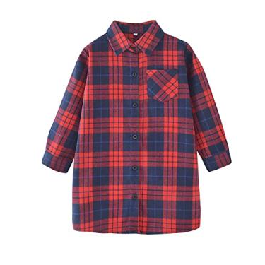 Imagem de Camisa de manga comprida para meninas, camisas de flanela xadrez com botões, manga comprida, casual, camisetas para crianças, Laranja, 3-4 Anos