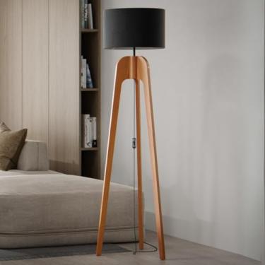 Imagem de Luminaria de Chão Abajur Tripe Madeira Retrô Luxo Cúpula Preta