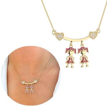 Imagem de Colar Corrente Feminina Pingente Filhos Filhas Casal 2 Meninas 2 Meninos Banhado a ouro 18k Cravejado com pedra zircônias Santo Estillo Semijoias (2 Meninas)