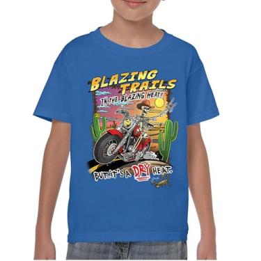 Imagem de Camiseta juvenil Blazing Trails Skeleton Biker Riding Motorcycle Dry Heat Highway Cowboy Skull Cactus Southwest Kids, Azul, G
