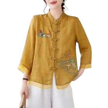Imagem de Roupas femininas chinesas de outono retrô casual bordado flor algodão linho top colarinho pé camisa botão placa, Amarelo, G