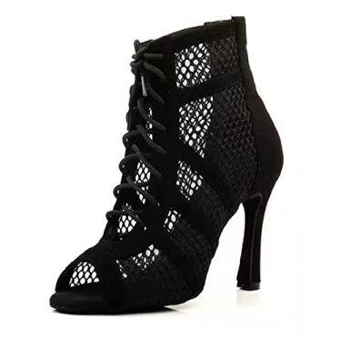 Imagem de Dressfirst Botas femininas de dança latina vazadas de cetim salsa tango para treino de salão de baile com cadarço no tornozelo para balé de jazz, Preto, 36