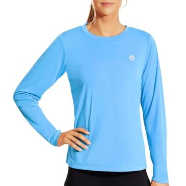 Imagem de Nepest Camisetas femininas de manga comprida com proteção solar FPS 50+, modelagem seca, atlética, absorção de umidade, corrida, caminhada, ioga, Maya Blue, P