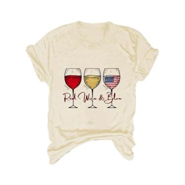 Imagem de Camiseta feminina de 4 de julho com bandeira dos EUA, taças de vinho, estampadas, gola redonda, manga curta, camiseta de verão, Bege, P