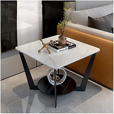 Imagem de Mesa lateral quadrada redonda em ardósia com 2 níveis, mesa de cabeceira moderna para quarto, pequena mesa de canto doméstica de metal, 50 x 50 cm