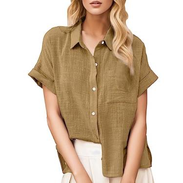 Imagem de Camisas femininas de linho casual gola lapela manga curta enrolável cor sólida abotoada túnica negócios com bolso, Caqui, GG
